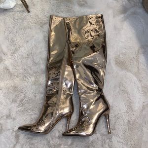 Metallic rose gold over the knee boots